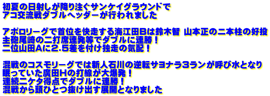 初夏の日射しが降り注ぐサンケイグラウンドで アコ交流戦ダブルヘッダーが行われました  アポロリーグで首位を快走する海江田Bは鈴木智 山本正のニ本柱の好投 主砲尾崎の二打席連発等でダブルに連勝！ 二位山田Aに2.5差を付け独走の気配！  混戦のコスモリーグでは新人石川の逆転サヨナラ3ランが呼び水となり 眠っていた廣田Hの打線が大爆発！ 連続二ケタ得点でダブルに連勝！ 混戦から頭ひとつ抜け出す展開となりました