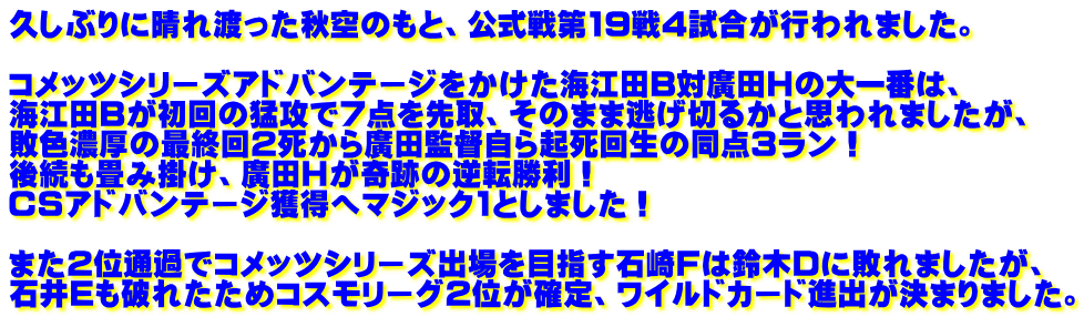 久しぶりに晴れ渡った秋空のもと、公式戦第19戦4試合が行われました。 コメッツシリーズアドバンテージをかけた海江田B対廣田Hの大一番は、 海江田Bが初回の猛攻で7点を先取、そのまま逃げ切るかと思われましたが、 敗色濃厚の最終回2死から廣田監督自ら起死回生の同点3ラン! 後続も畳み掛け、廣田Hが奇跡の逆転勝利! CSアドバンテージ獲得へマジック1としました! また2位通過でコメッツシリーズ出場を目指す石崎Fは鈴木Dに敗れましたが、 石井Eも破れたためコスモリーグ2位が確定、ワイルドカード進出が決まりました。
